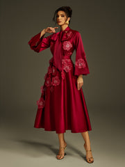 Tie Up Flower Satin Maxi Dress In Wine