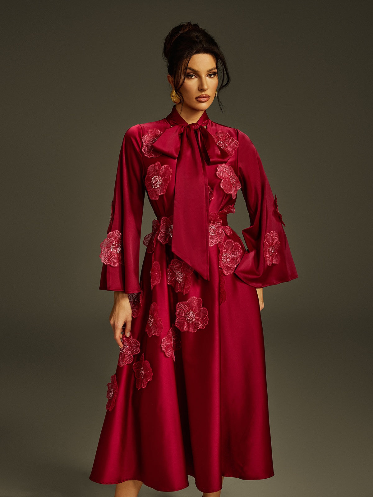 Tie Up Flower Satin Maxi Dress In Wine