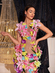 Sleeveless Flower Rhinestone Mesh Dress