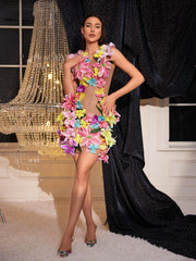 Sleeveless Flower Rhinestone Mesh Dress