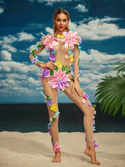 Combinaison à manches longues en maille fleurie 