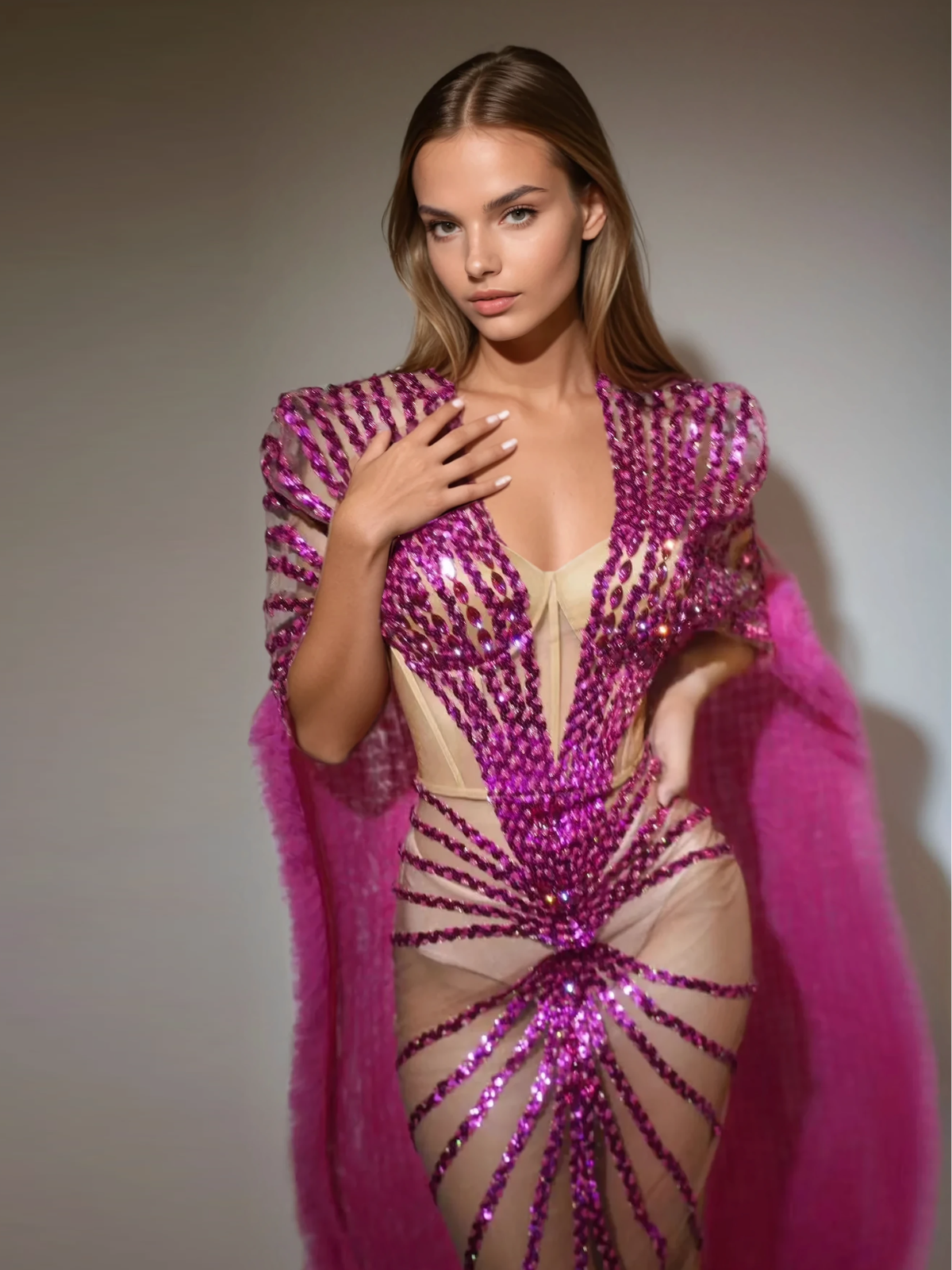 Robe longue cape ornée de sequins