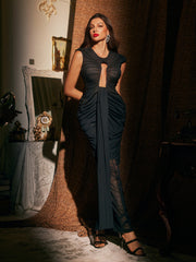 Robe maxi sans manches en maille froncée ajourée 