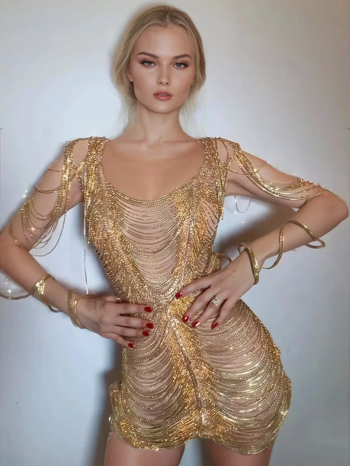 Robe courte en maille à chaîne diamantée dorée