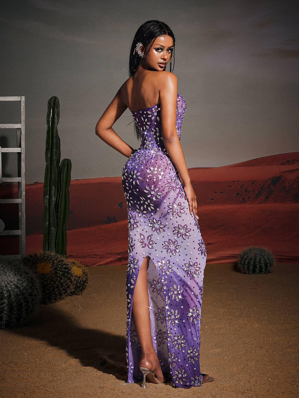 Robe longue bustier à fleurs et strass 