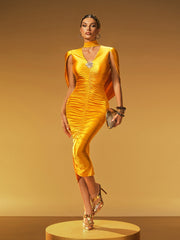 Robe midi froncée à col en V 