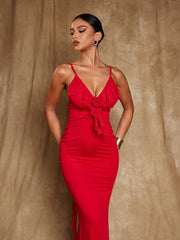 Robe longue drapée à fleurs dos nu 