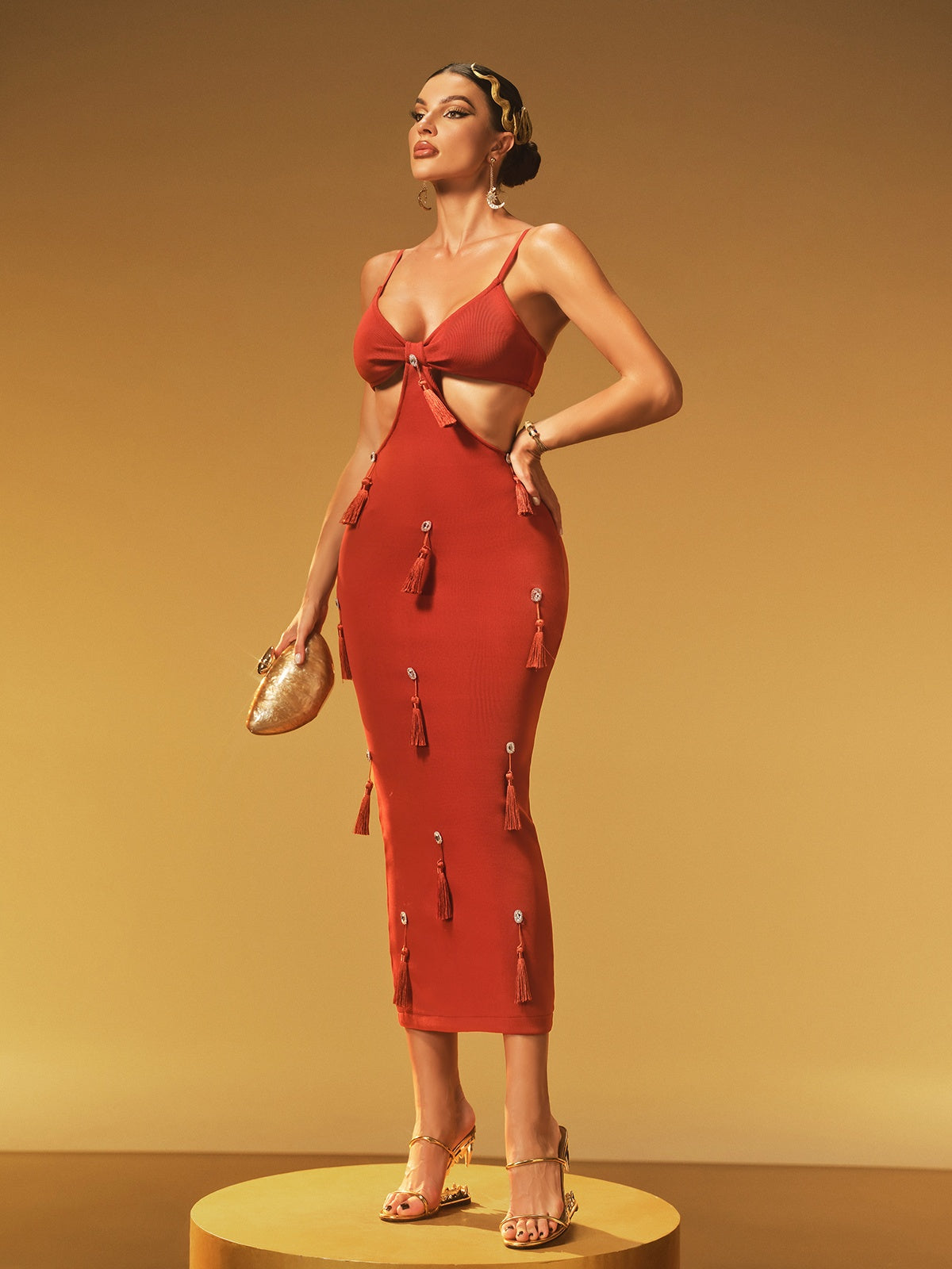 Spaghetti Crystal Fringe Bandage Midi Dress