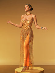 Robe longue bustier en maille à franges et chaînes 