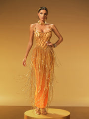 Robe longue bustier en maille à franges et chaînes 