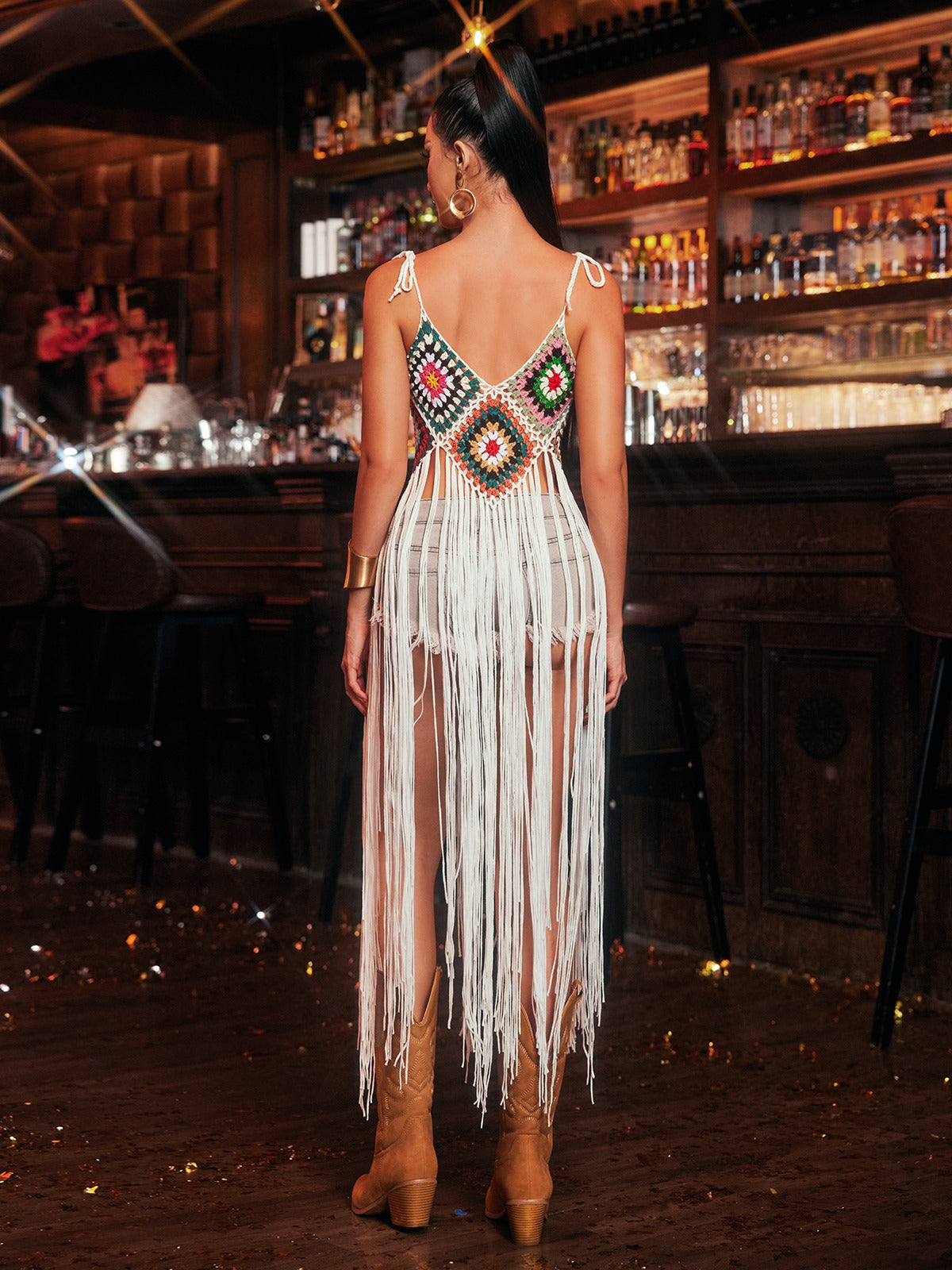 Robe de plage tricotée à franges spaghetti 