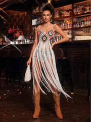 Robe de plage tricotée à franges spaghetti 