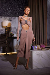 Robe midi à manches longues et découpes en cristal 