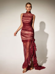 Robe longue à col montant en dentelle et volants 