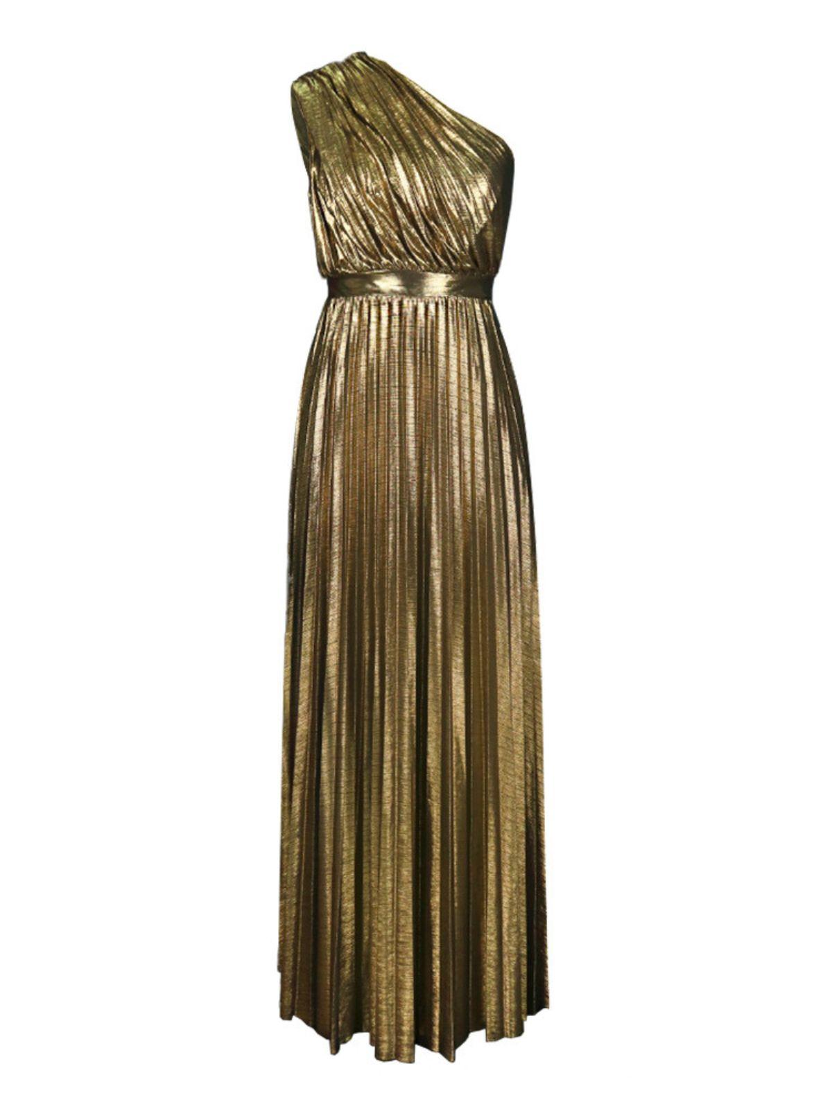 Robe longue métallisée dorée à une épaule 