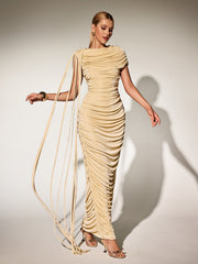 Robe longue drapée beige 