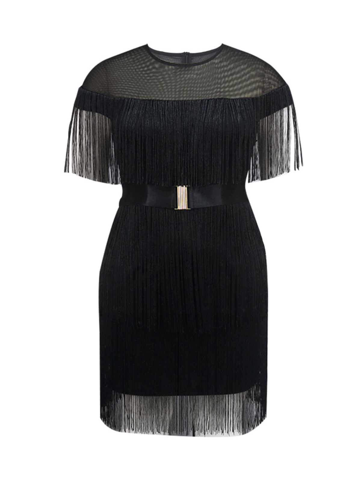 Robe courte à franges et col rond 