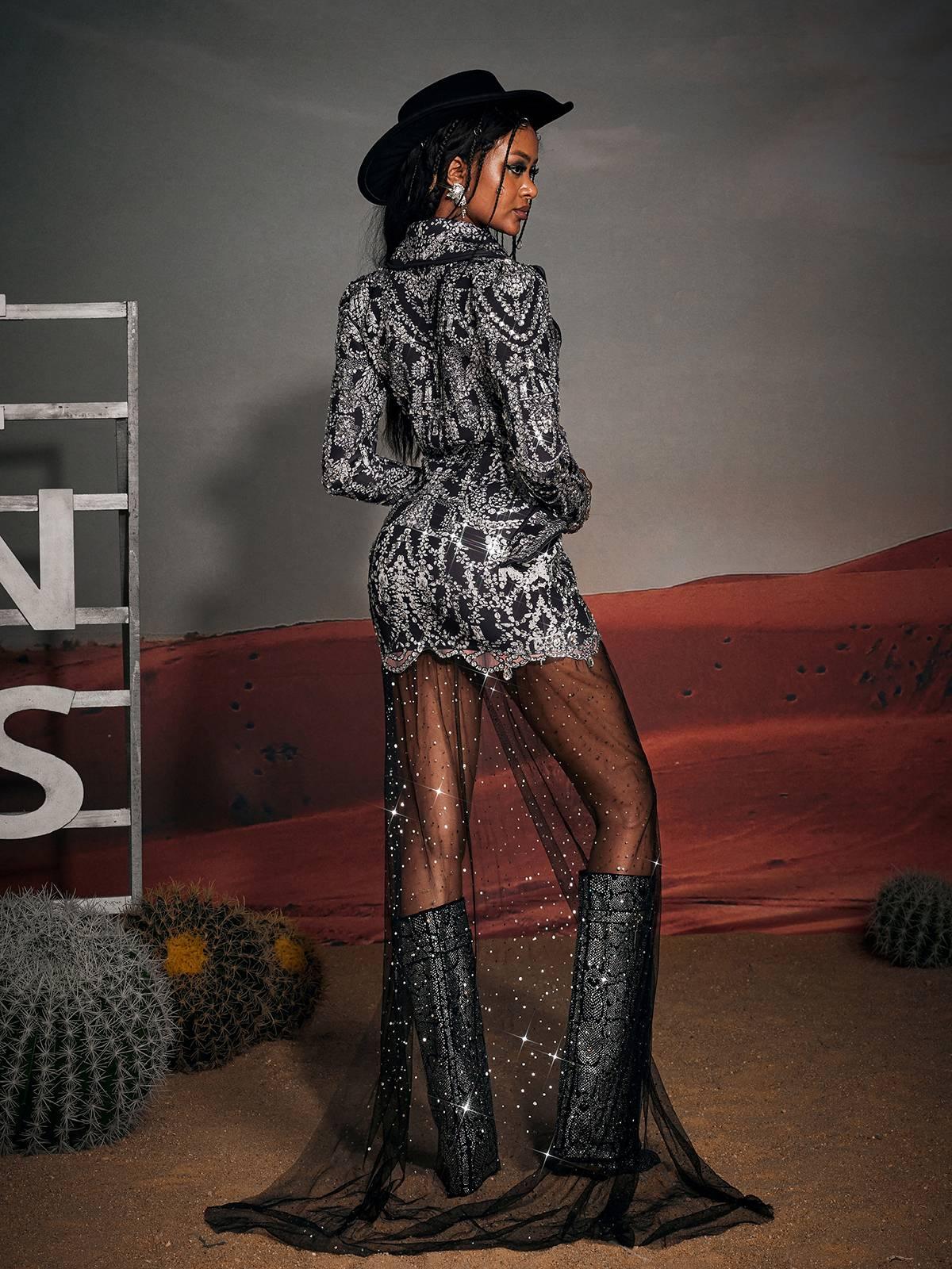 Robe blazer drapée imprimée à strass 