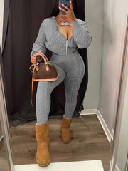 Knit Hoodie Zipper Top Pants Set