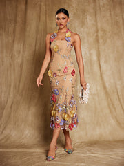 Halterneck Flower Embroidered Midi Dress