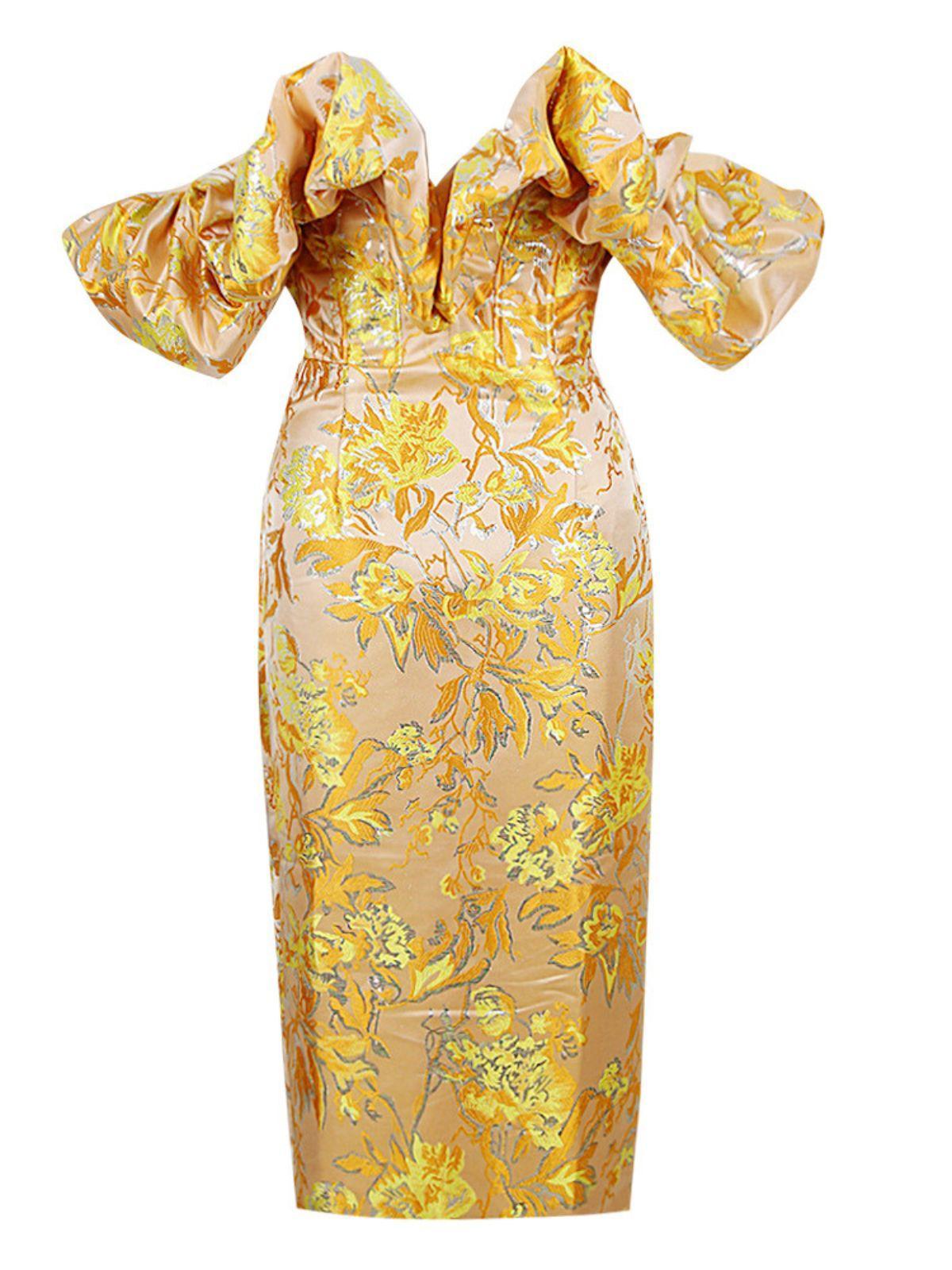 Robe midi jacquard à épaules dénudées 
