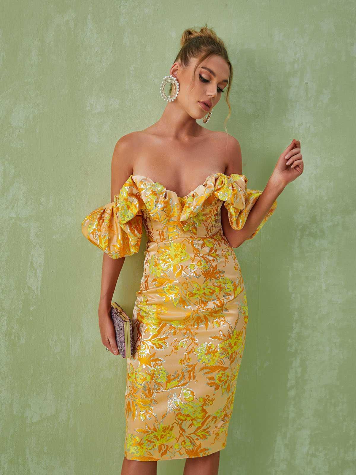 Robe midi jacquard à épaules dénudées 