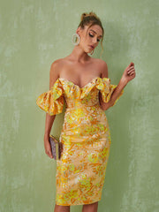 Robe midi jacquard à épaules dénudées 