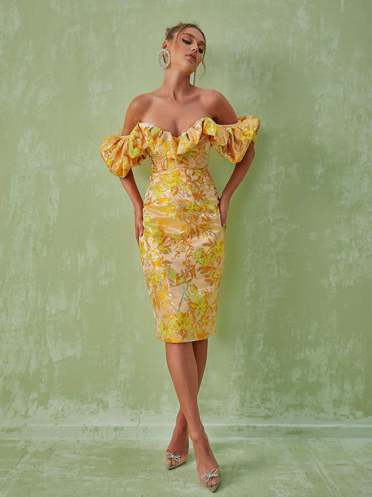 Robe midi jacquard à épaules dénudées 