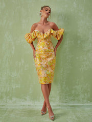 Robe midi jacquard à épaules dénudées 