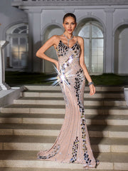 Robe longue spaghetti en acrylique et strass 