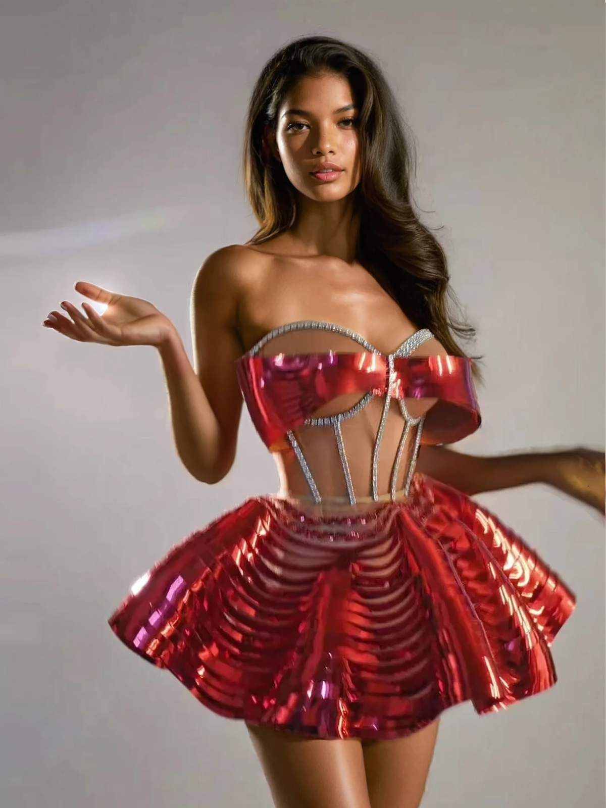 Ensemble jupe et jupe métallisée à cristaux rouges