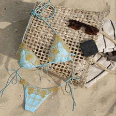 Lace Bikini Set Tie Side Swimsuit Embroidery Resort Swimwear Halter String Bikini Bathing Suit