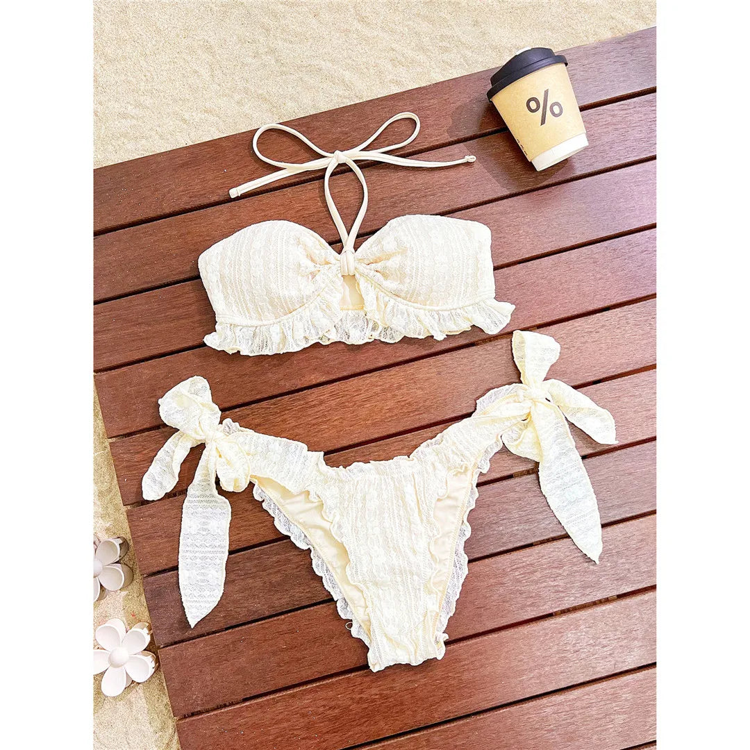 Lace Frilled Ruffled Halter Bikini Two-pieces Bikini Set
