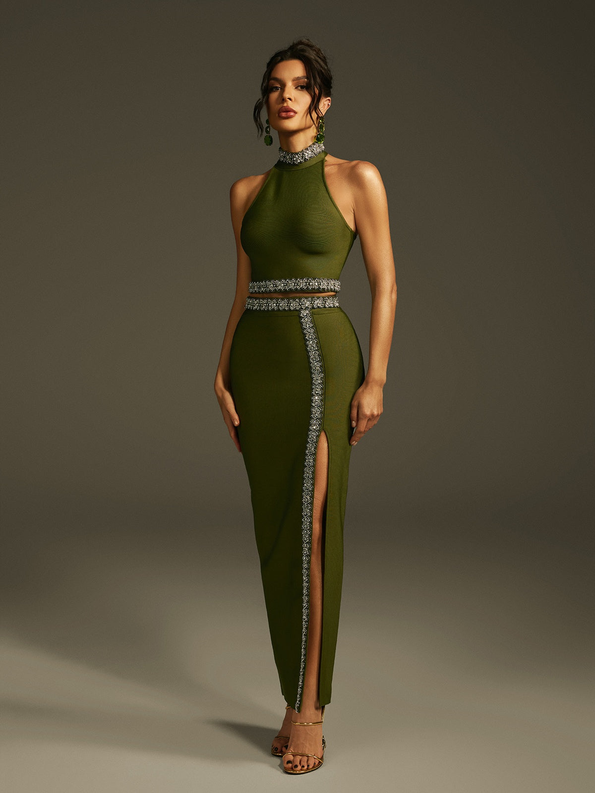 Ensemble jupe bandage dos nu à cristaux 