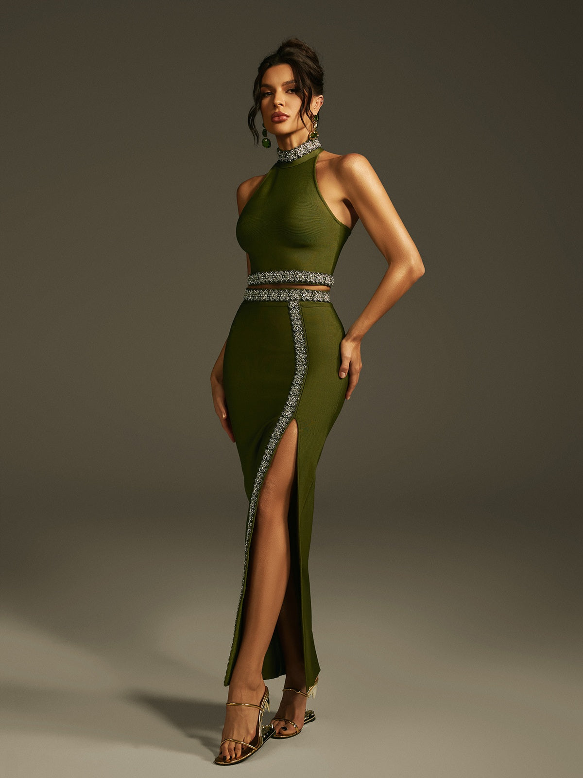 Ensemble jupe bandage dos nu à cristaux 