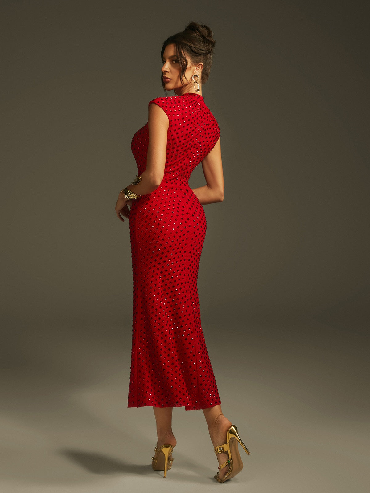 Sleeveless Flower Rhinestone Midi Dress