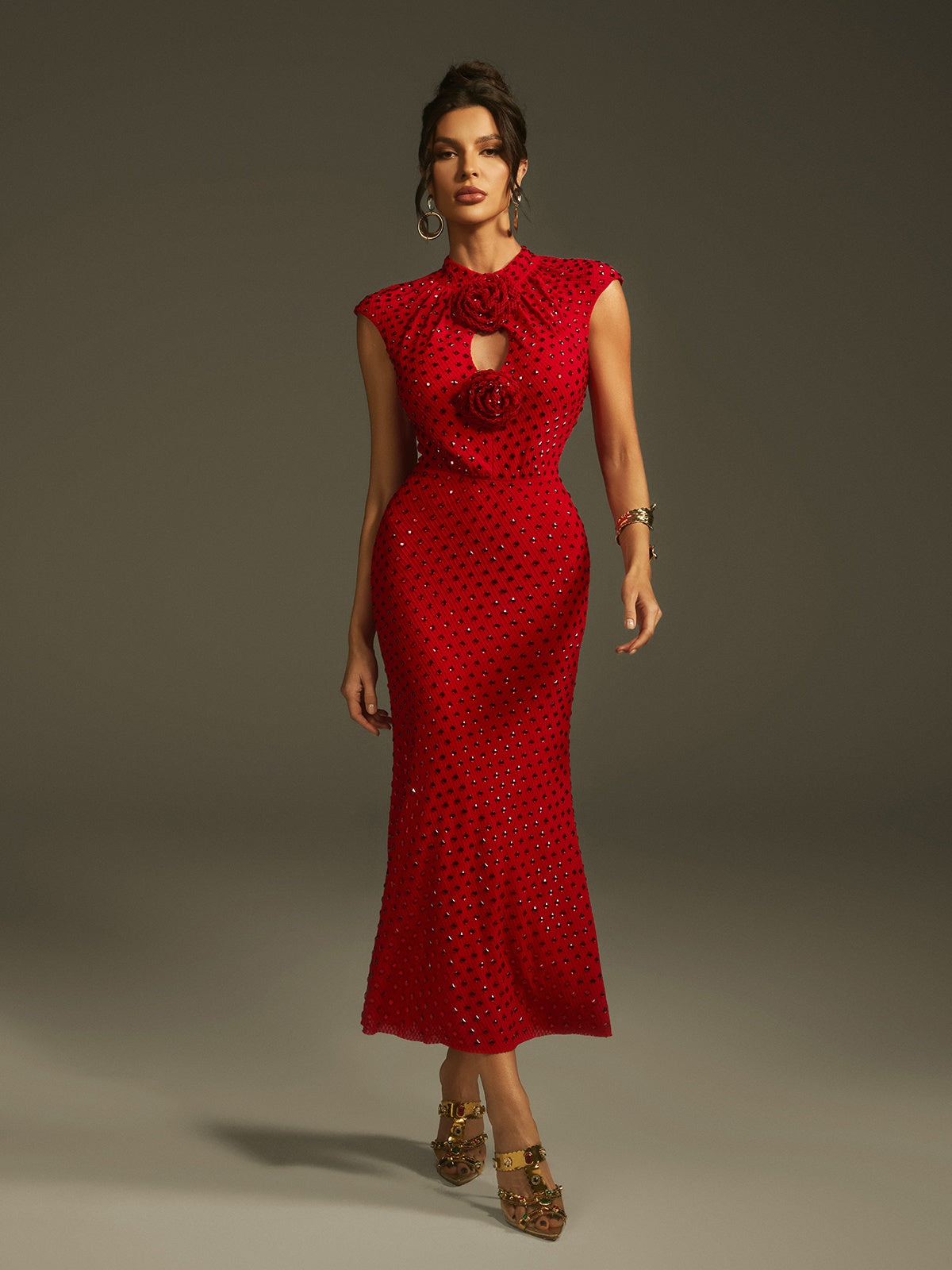 Sleeveless Flower Rhinestone Midi Dress