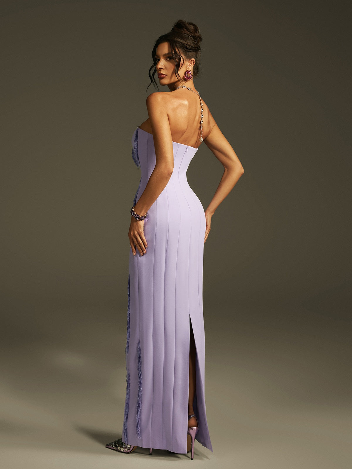 Strapless Beaded Fringe Maxi Dress