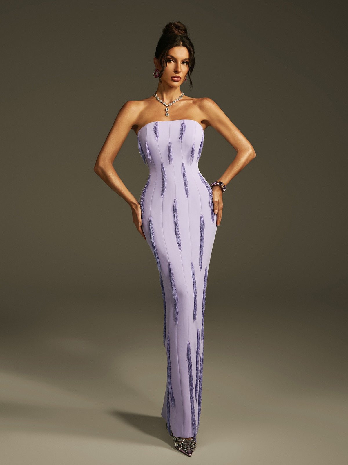 Strapless Beaded Fringe Maxi Dress