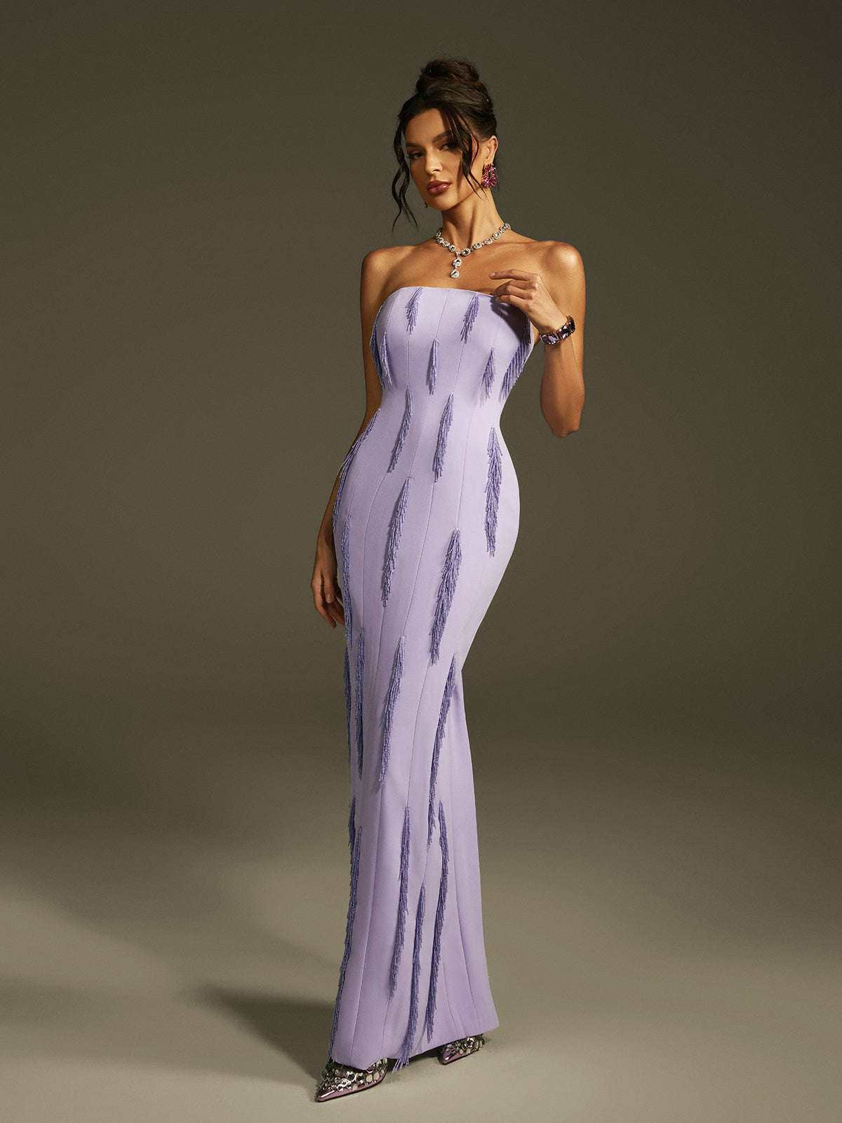 Strapless Beaded Fringe Maxi Dress