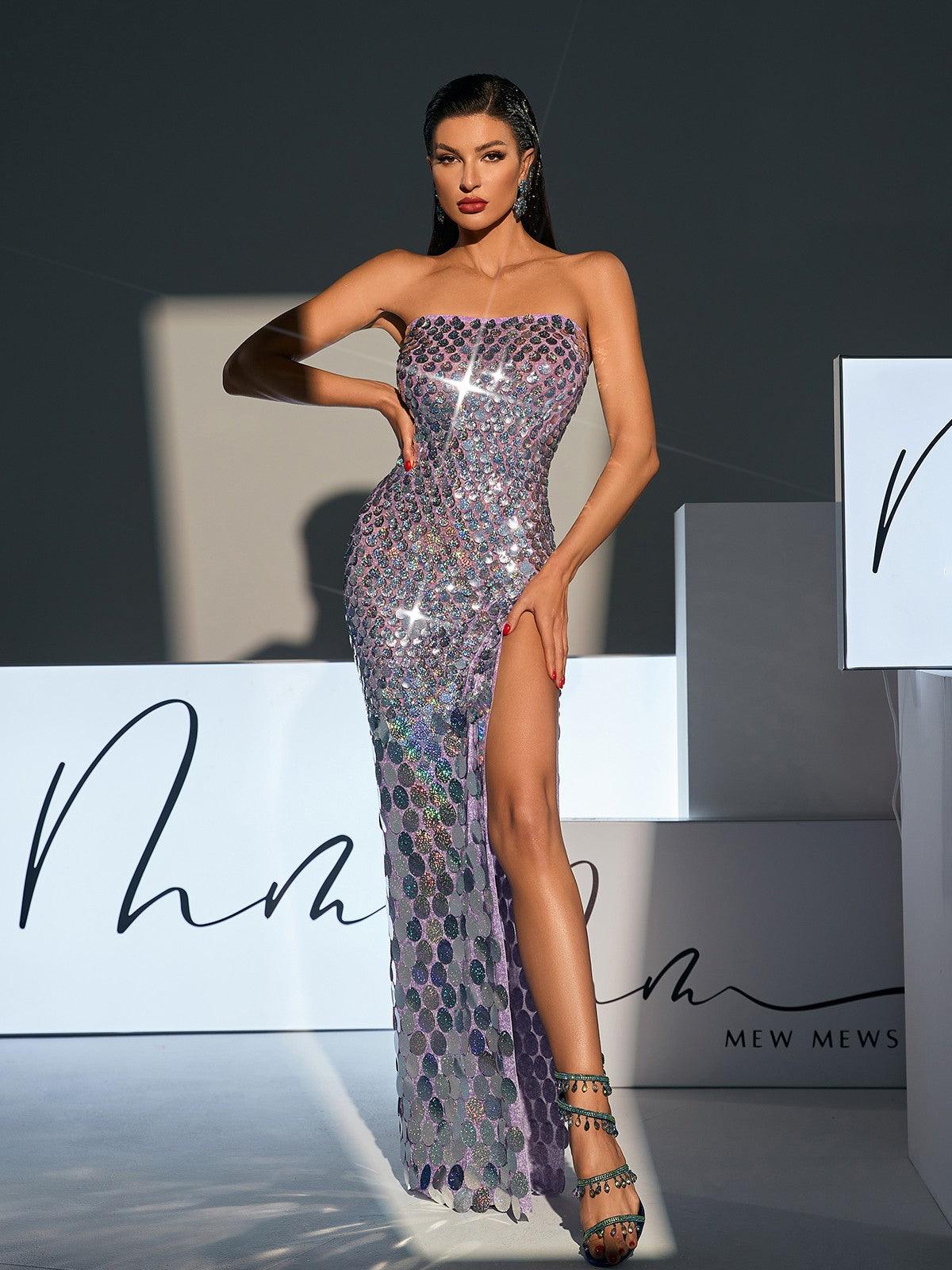 Robe maxi fendue à sequins sans bretelles 