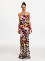 Strapless Flower Embroidered Maxi Dress