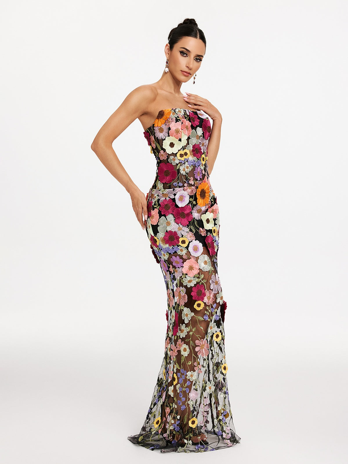 Strapless Flower Embroidered Maxi Dress