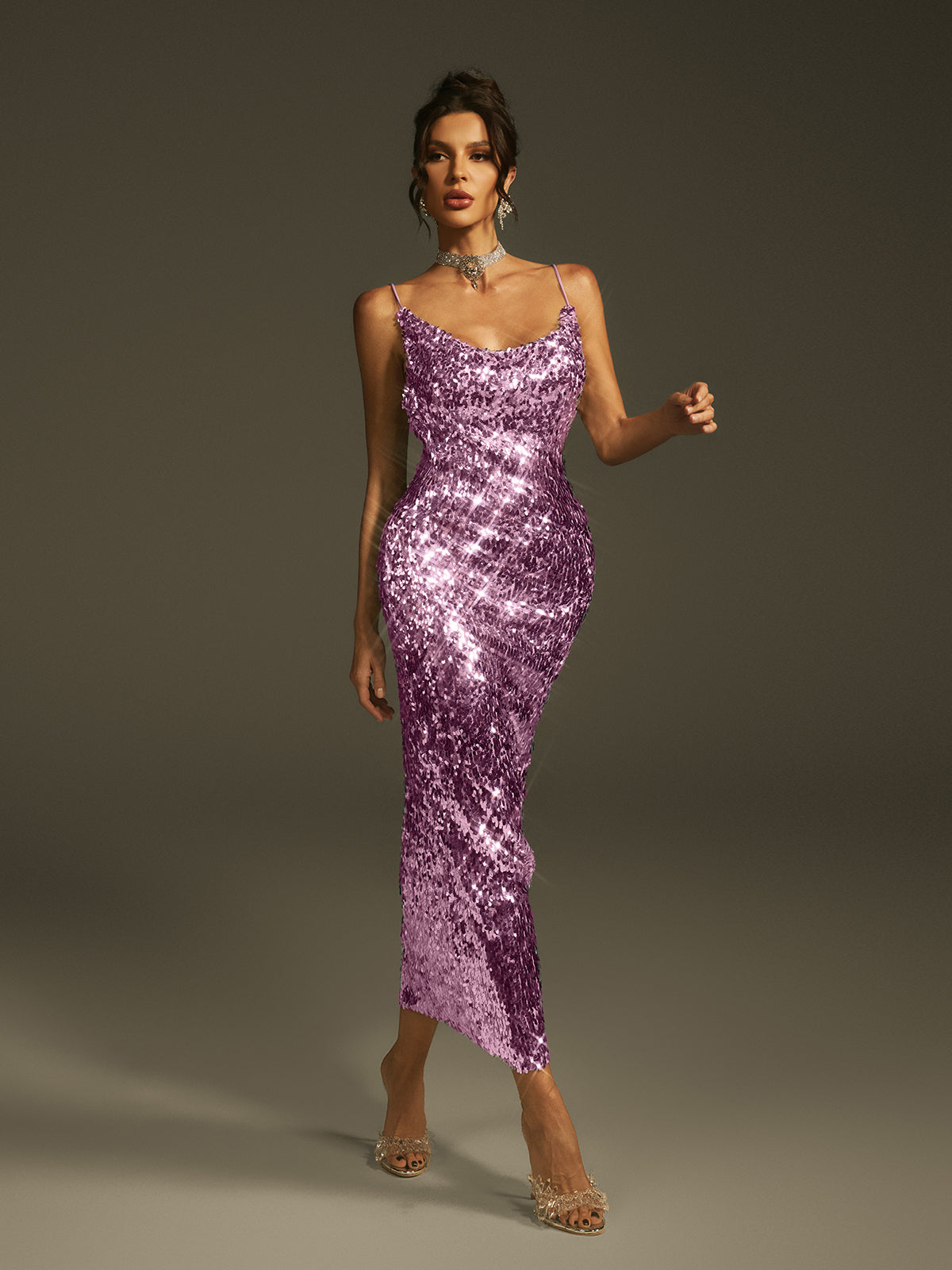 Spaghetti Sequin Midi Dress In Purple