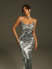 Robe midi à sequins spaghetti argentée 