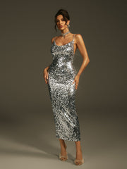 Robe midi à sequins spaghetti argentée 