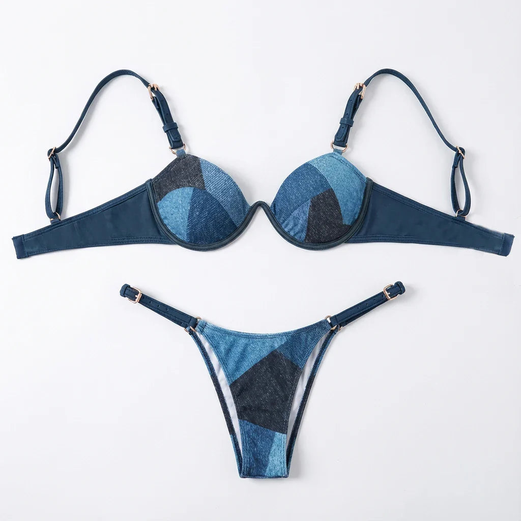 Leather Strap Bikini Underwire Bikini Set for High Cut Swimsuit Patchwork Two Piece Swimwear Resort Wear