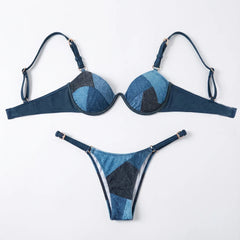 Leather Strap Bikini Underwire Bikini Set for High Cut Swimsuit Patchwork Two Piece Swimwear Resort Wear