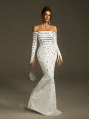 Robe longue à épaules dénudées en cristal 