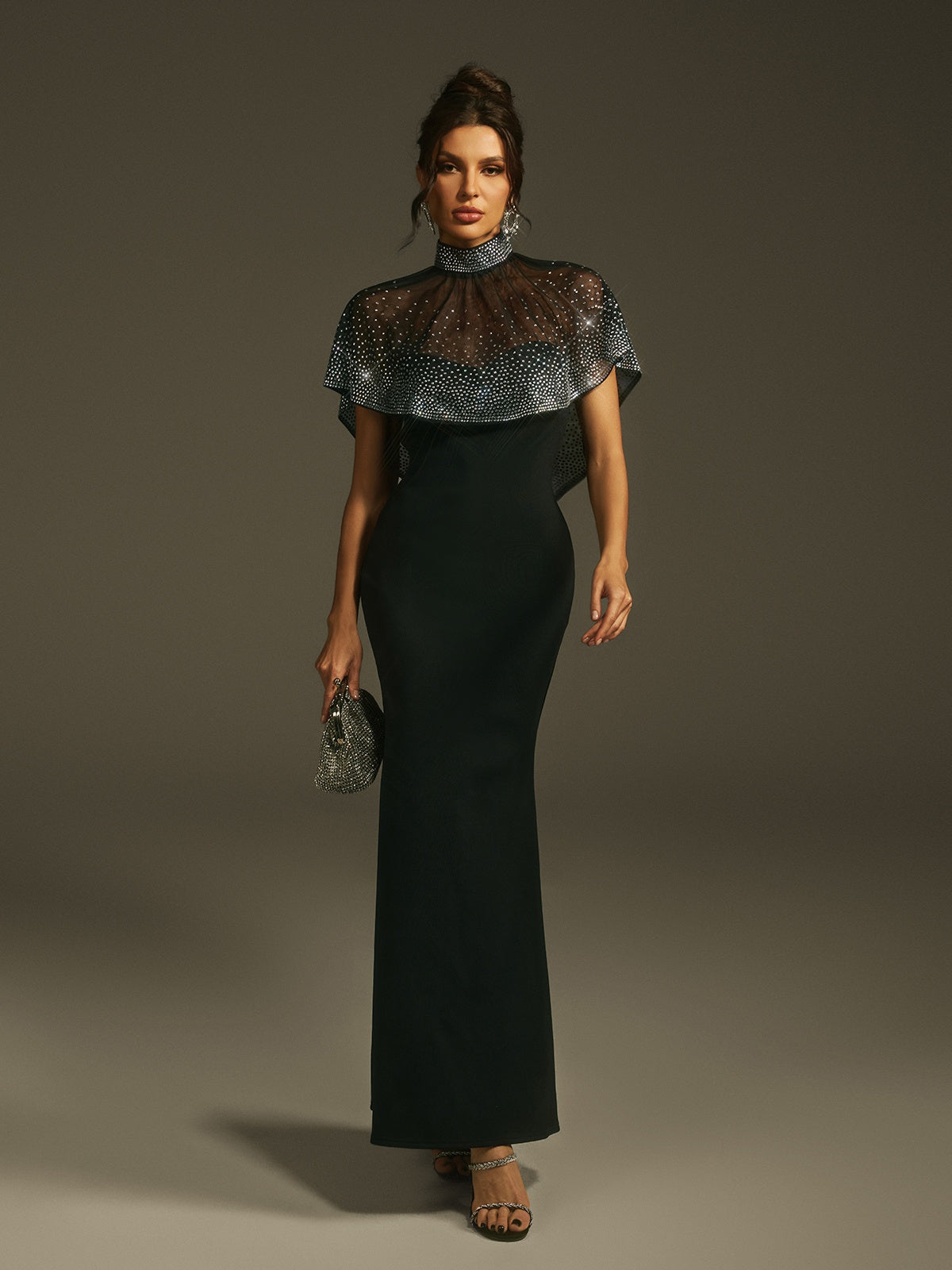 High Neck Rhinestone Bandage Maxi Dress